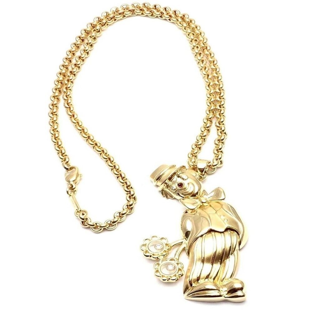 Authentic! Chopard 18k Yellow Gold Large Happy Clown Flower Pendant Necklace